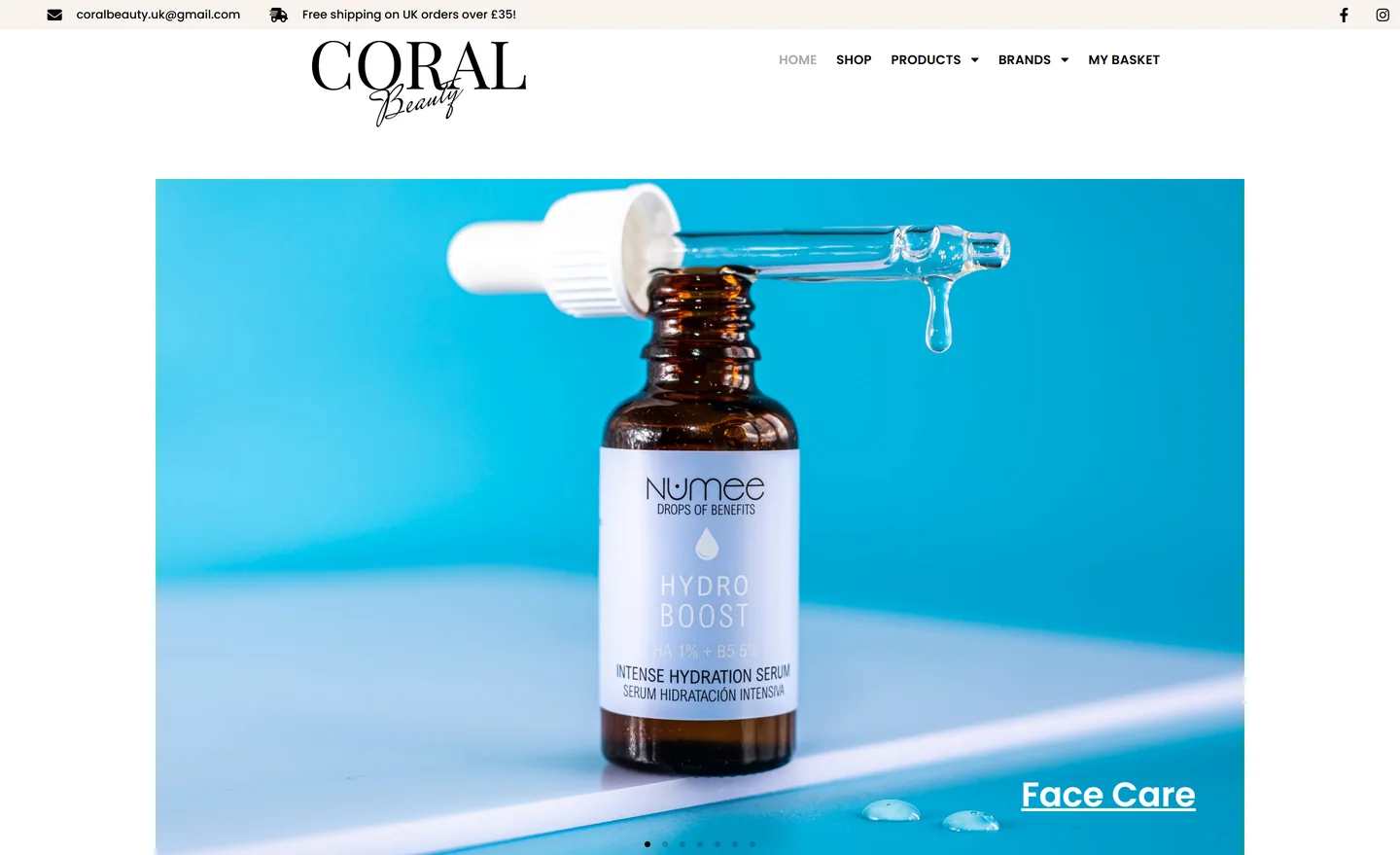 Coral Beauty homepage with the shop logo and a banner for the Numee Hydro Boost serum