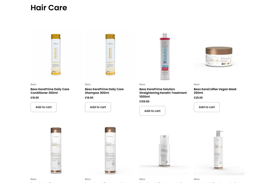 Coral Beauty hair care category page showing a row of Beox products with prices