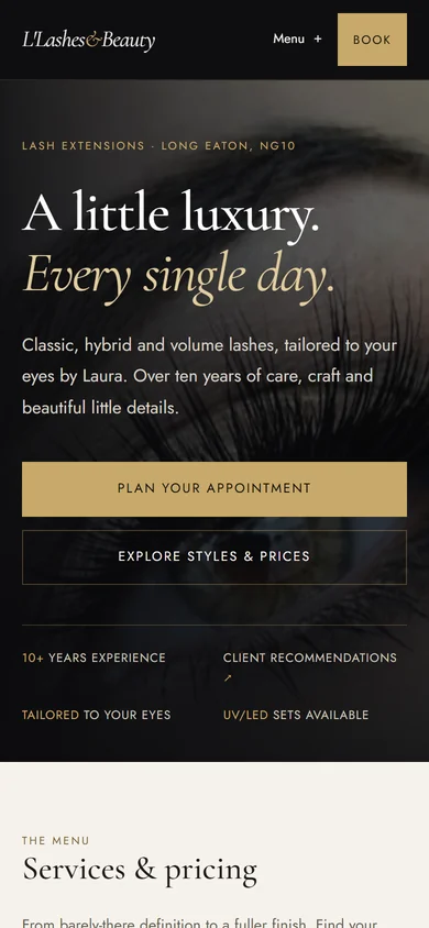 L'Lashes&Beauty homepage on a mobile screen