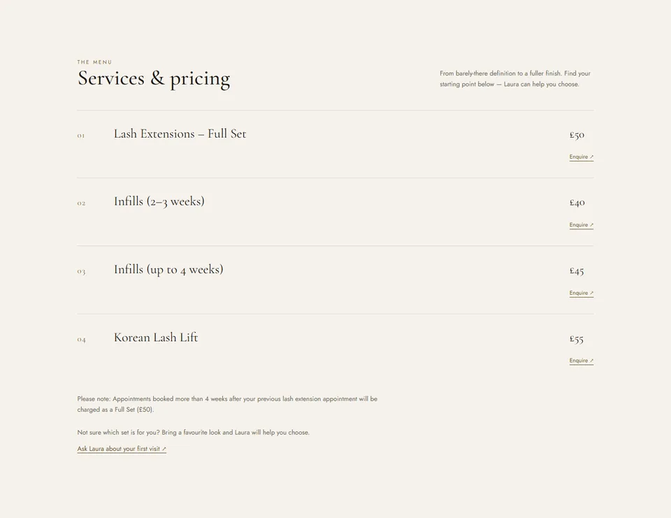 The service menu listing lash extension full sets, infills and a Korean lash lift with prices