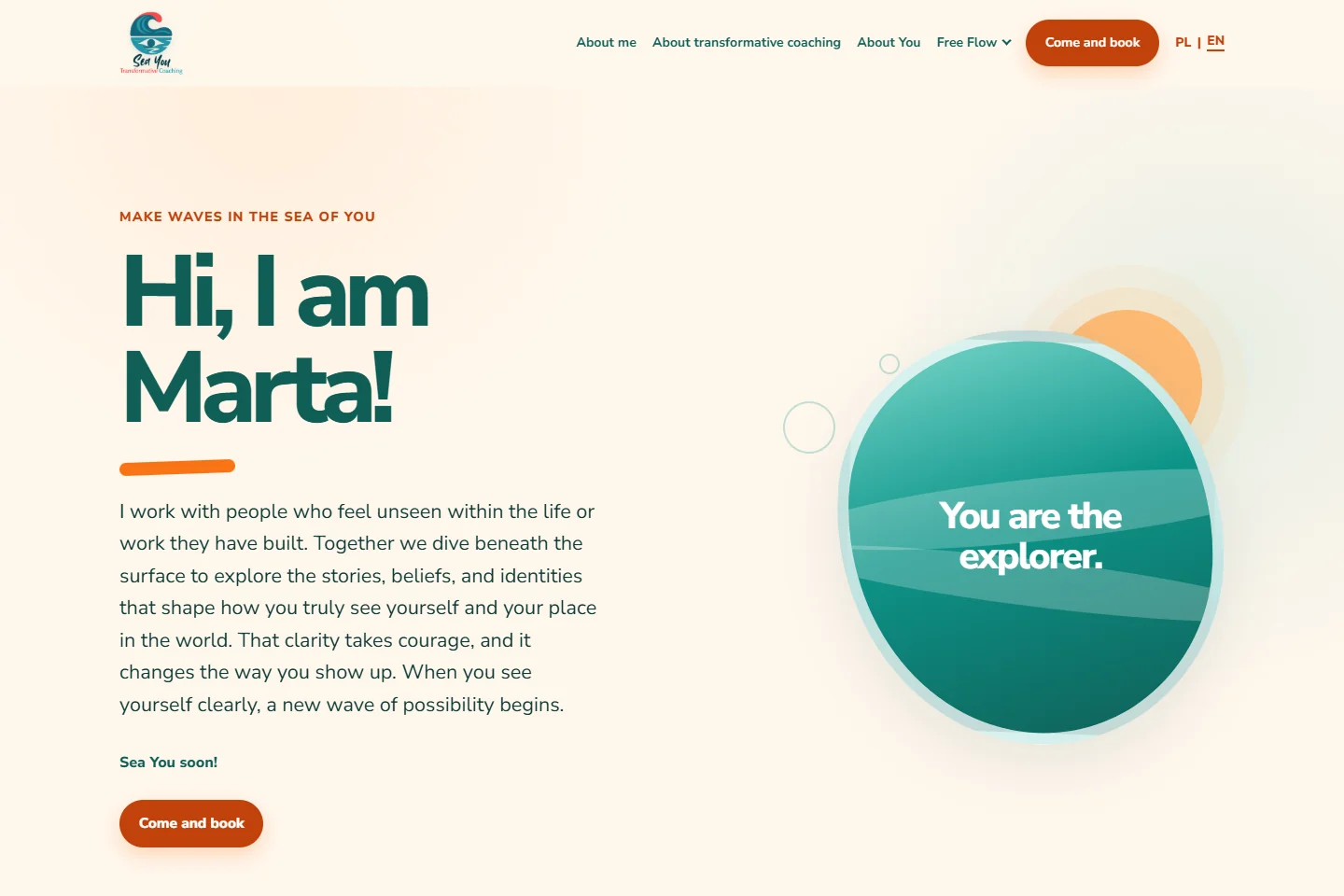Desktop SeaYou homepage: Hi, I am Marta, beside a teal sea-inspired illustration