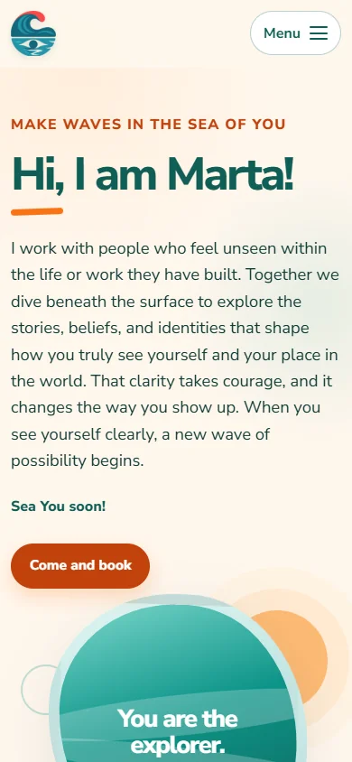 SeaYou homepage on a mobile screen, with a compact menu and Come and book button